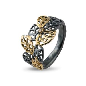 Beech Leaves Sterling Sølv Ring fra By Birdie med 18 Karat Guld og Diamant 0,02 Carat