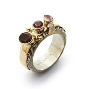 By Birdie Hammered Stone Red Mix Sterling Sølv Ring med 14 Kt Guld og Brillant 0,05 Carat