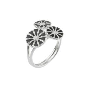 Lund Copenhagen Marguerit Ring, 3 blomster i sølv med sort emalje